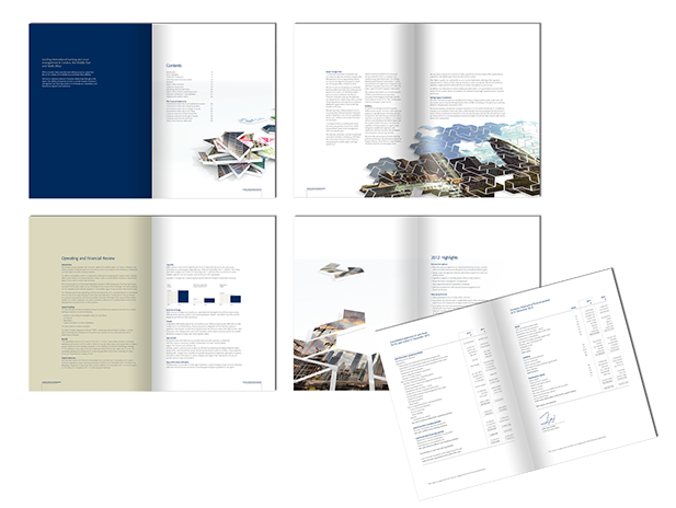 Page layouts for an annual report produced for a London based AIM listed company. This design predates the strategic reporting requirement.